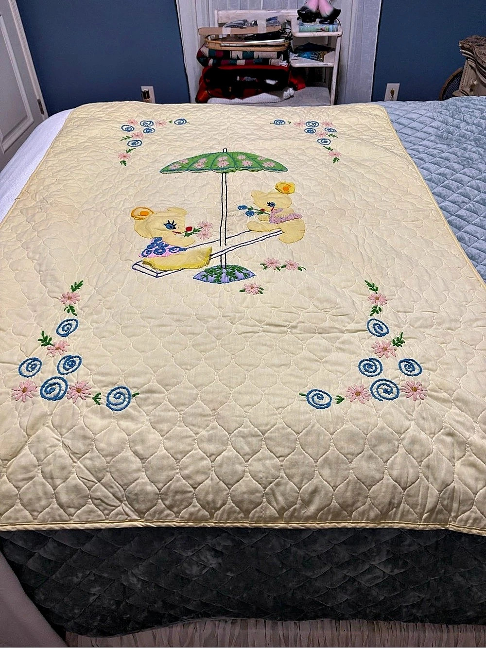 Vintage Embroidered Yellow Quilt